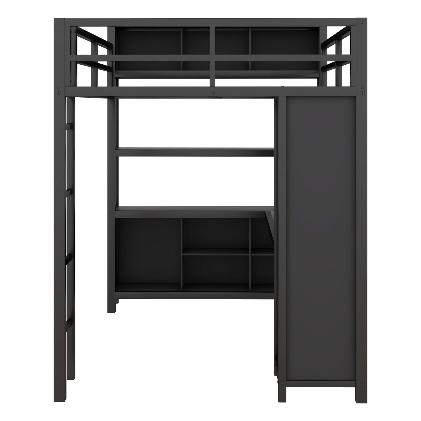 Metal full size loft bed with wardrobe and L-shaped desk