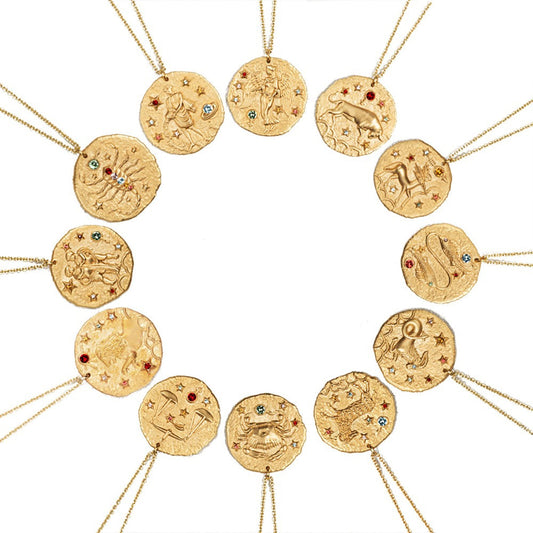 Gold Zodiac Circular Pendant Necklace With Rhinestones