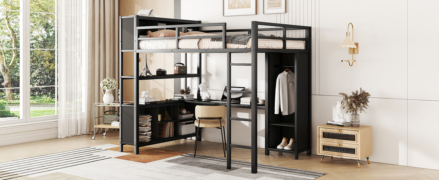 Metal full size loft bed with wardrobe and L-shaped desk