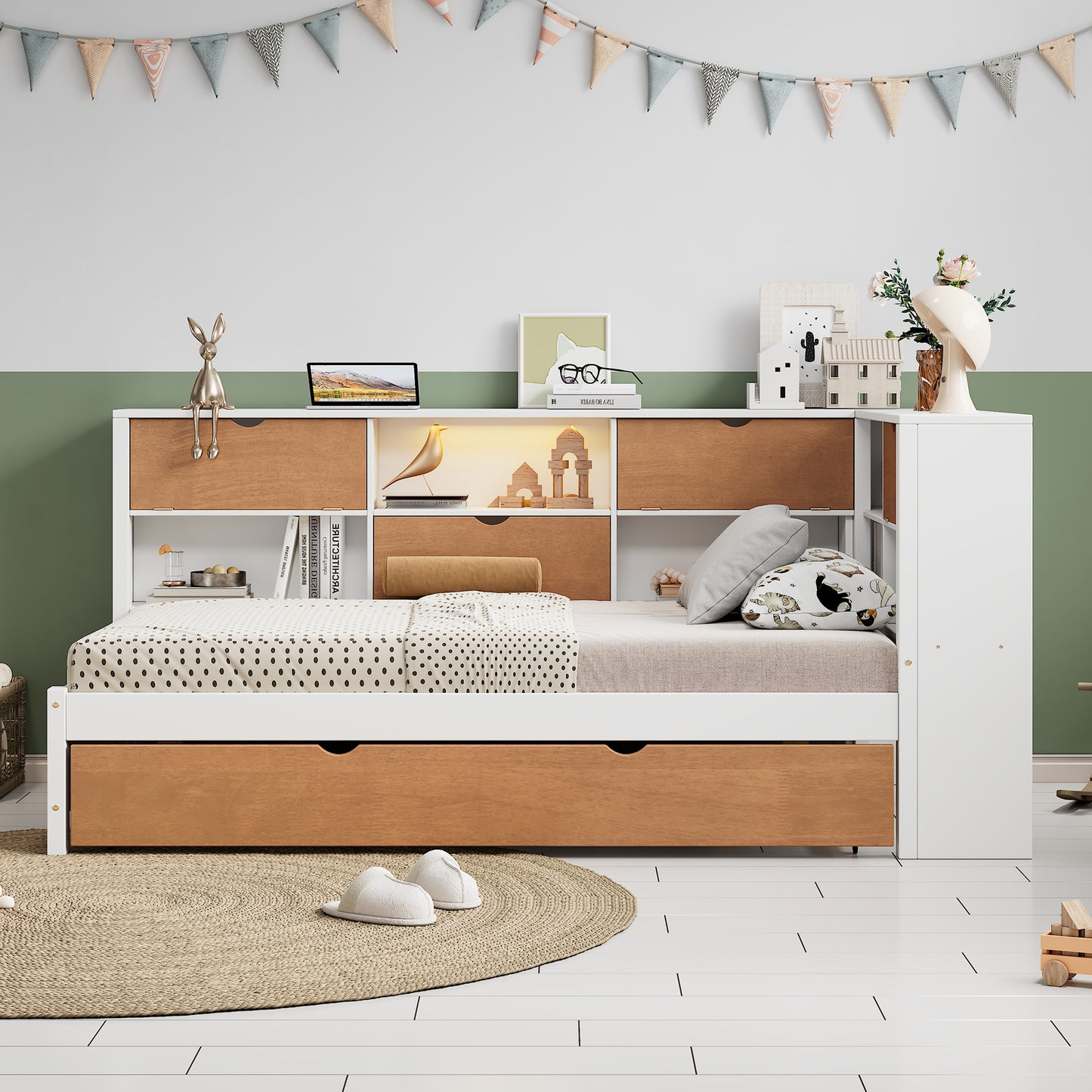 Corner Shelf Bed Frame With Trundle Pull Out Guest Bed