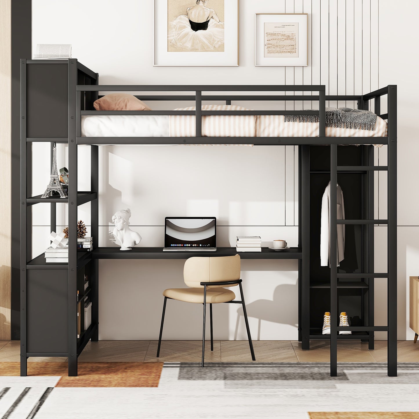 Metal full size loft bed with wardrobe and L-shaped desk