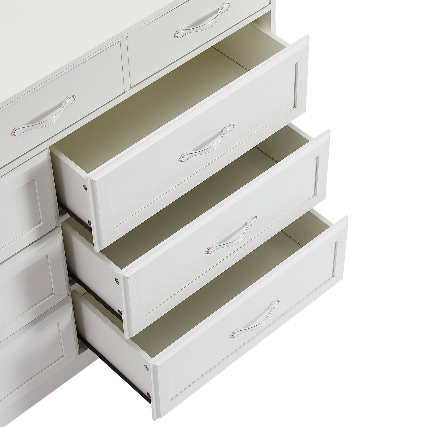 White wooden dresser with 9 drawers