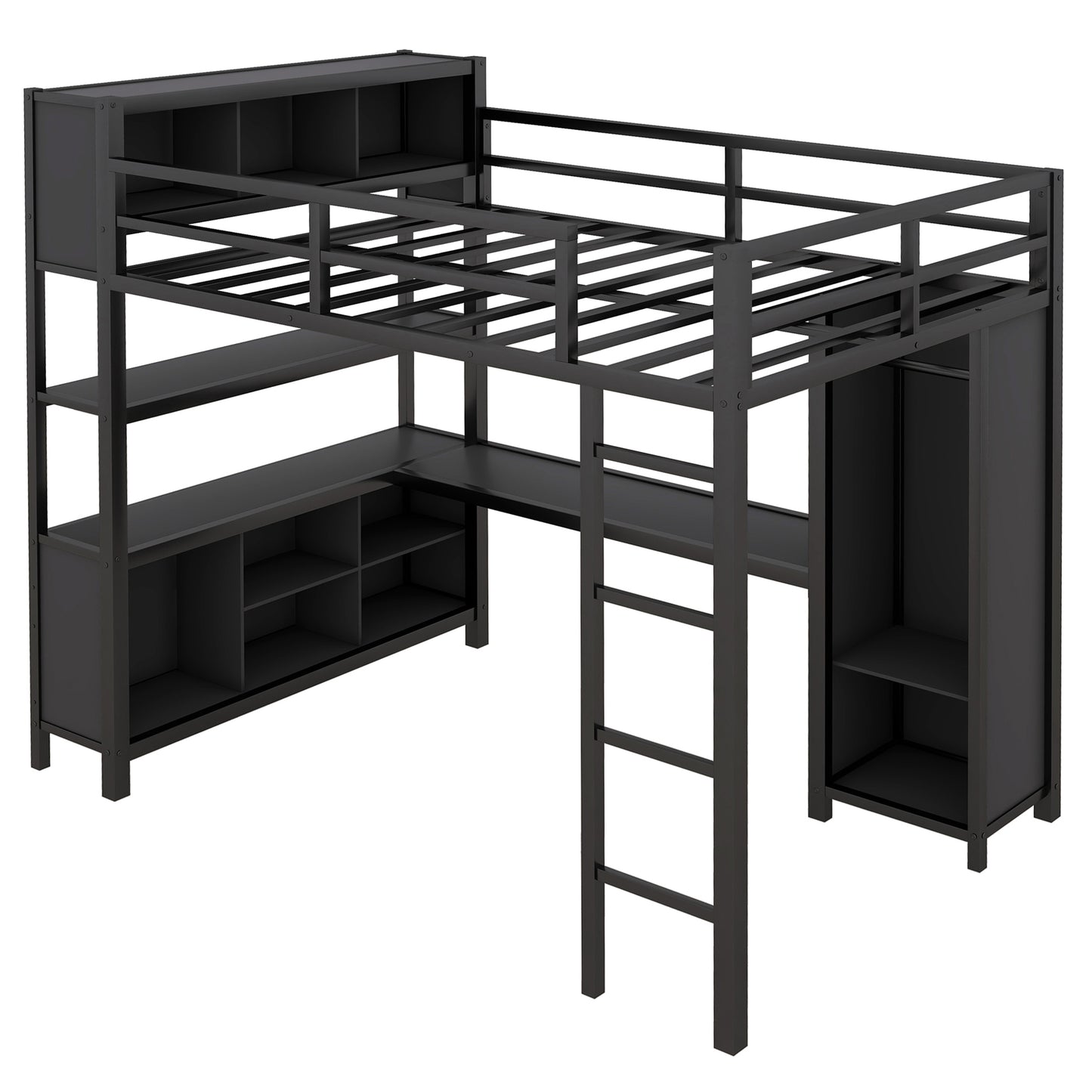 Metal full size loft bed with wardrobe and L-shaped desk