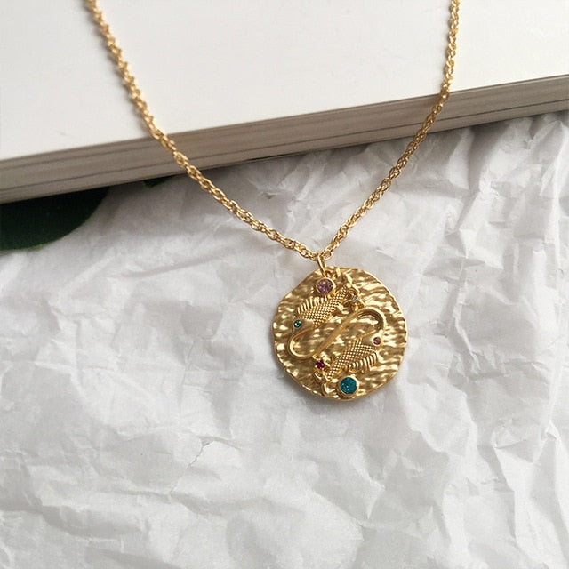 Gold Zodiac Circular Pendant Necklace With Rhinestones