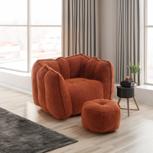 Rust Soft Chenille Fabric Plush Stuffed Bean Bag Chair with Foot Stool