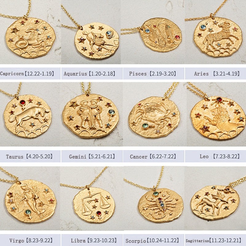 Gold Zodiac Circular Pendant Necklace With Rhinestones