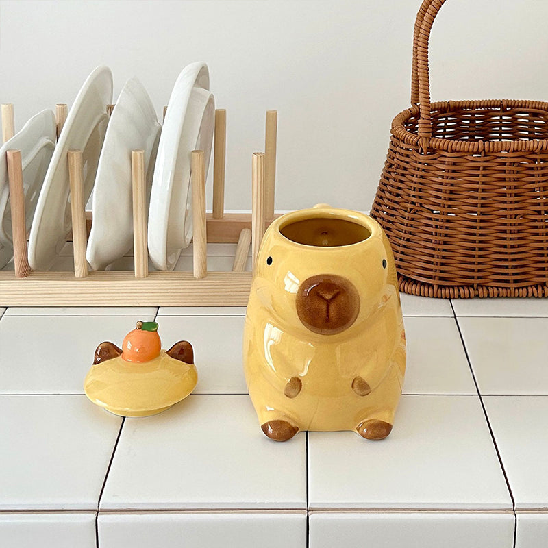 Capybara Mugs With Lids, Brown & Yellow Options