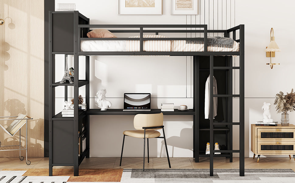 Metal full size loft bed with wardrobe and L-shaped desk