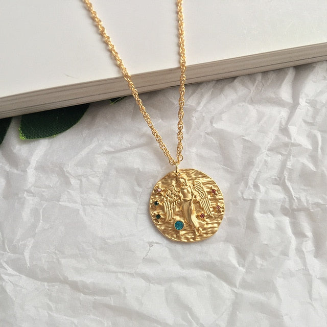 Gold Zodiac Circular Pendant Necklace With Rhinestones