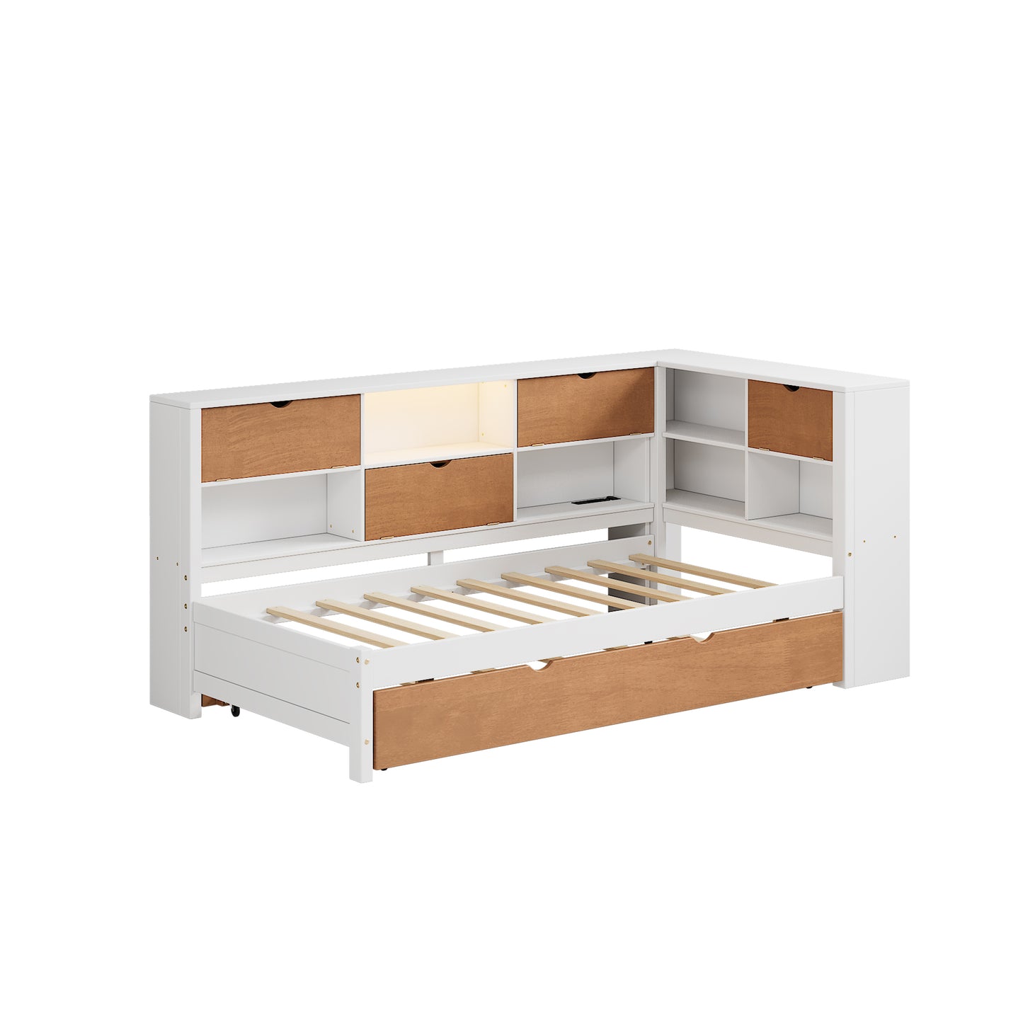 Corner Shelf Bed Frame With Trundle Pull Out Guest Bed