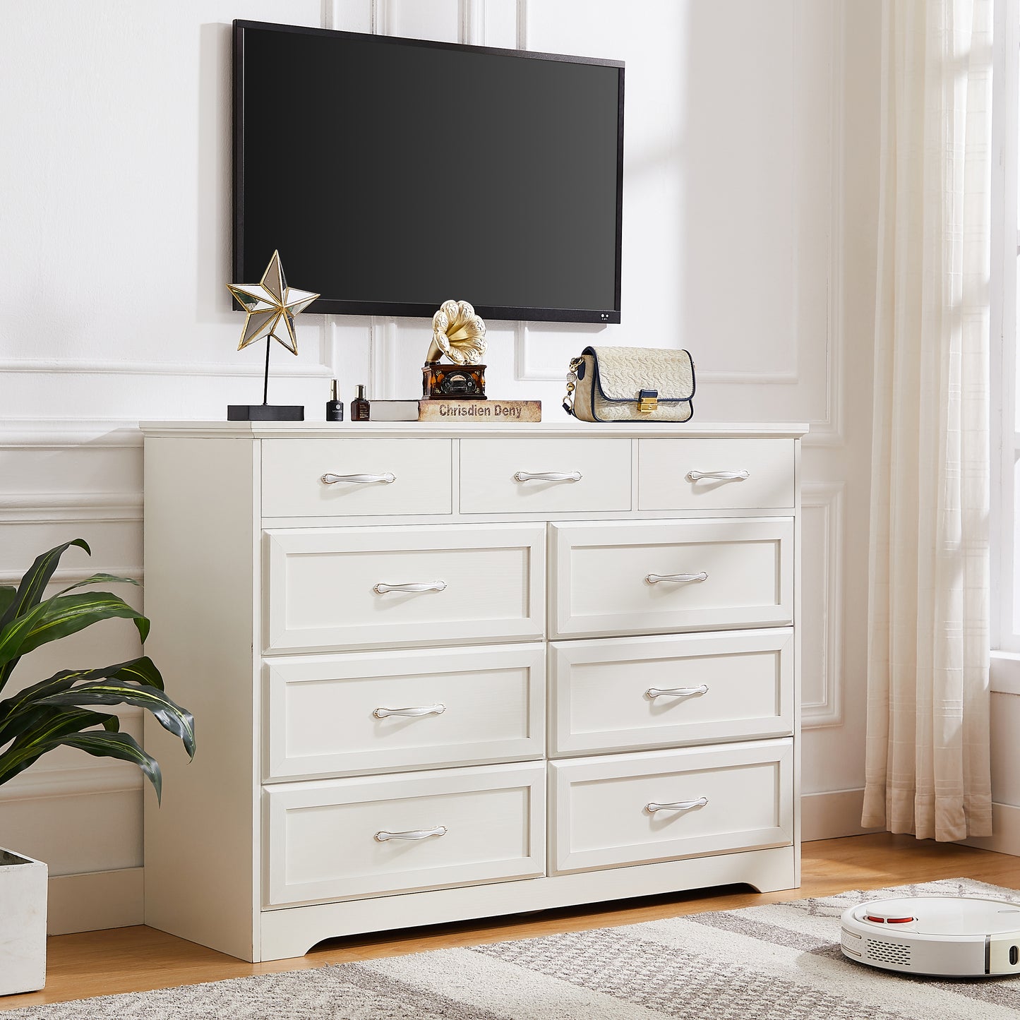 White wooden dresser with 9 drawers