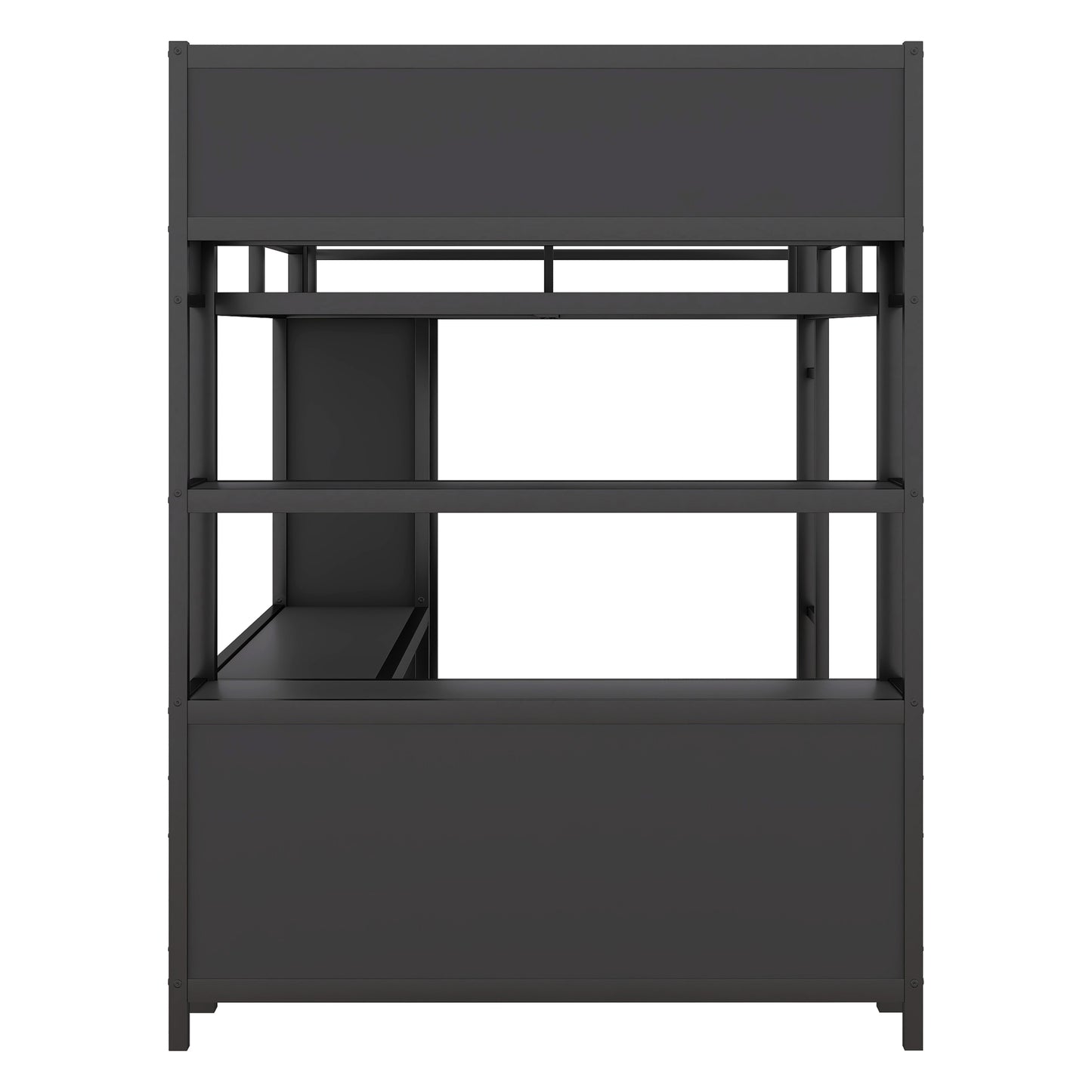 Metal full size loft bed with wardrobe and L-shaped desk