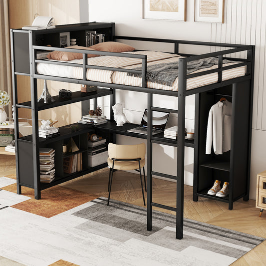 Metal full size loft bed with wardrobe and L-shaped desk