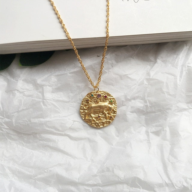 Gold Zodiac Circular Pendant Necklace With Rhinestones