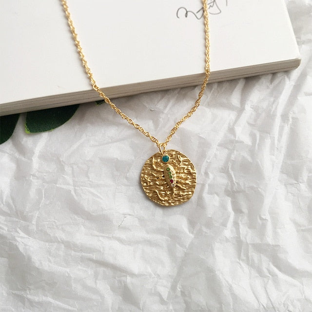 Gold Zodiac Circular Pendant Necklace With Rhinestones