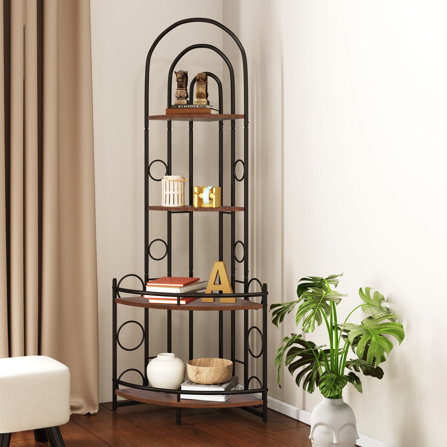 4-Tier Corner Bookshelf/Plant Stand with Metal Frame