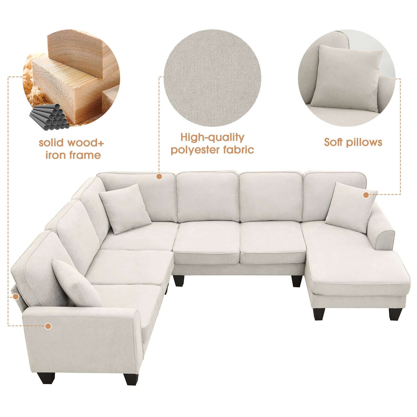 U Shape Fabric Sectional Sofa With 7 Seats