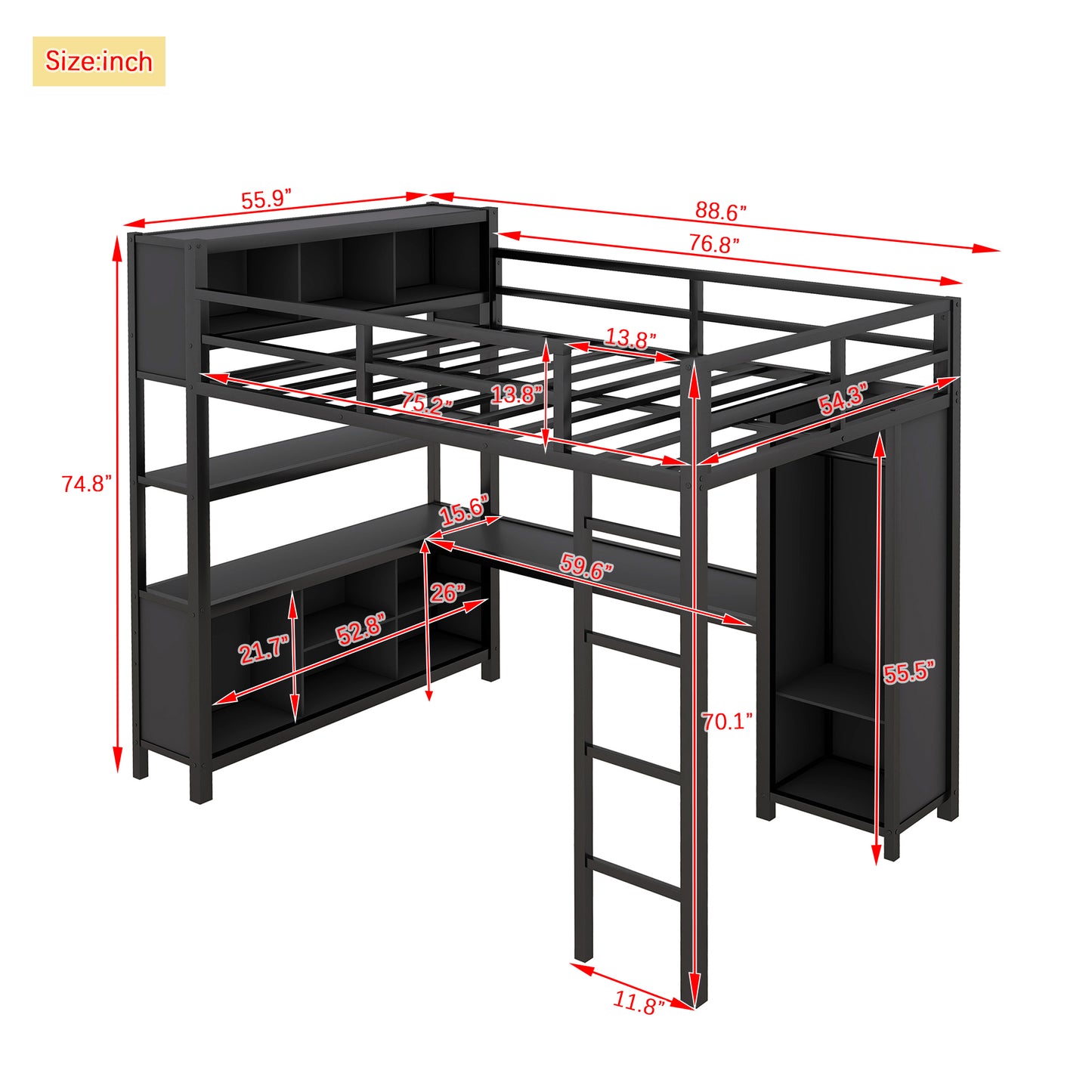 Metal full size loft bed with wardrobe and L-shaped desk