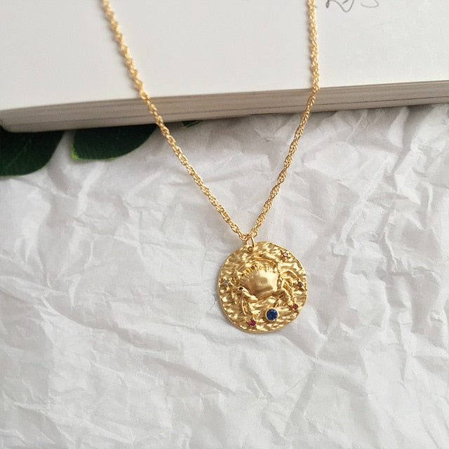 Gold Zodiac Circular Pendant Necklace With Rhinestones