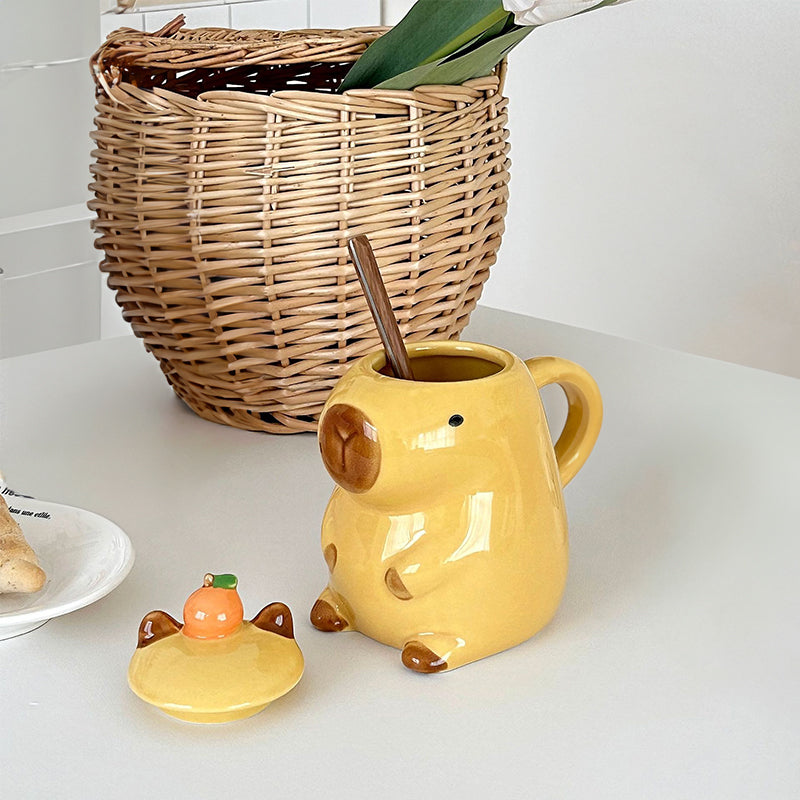 Capybara Mugs With Lids, Brown & Yellow Options