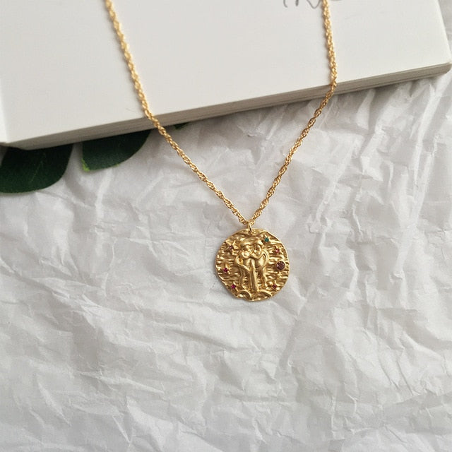 Gold Zodiac Circular Pendant Necklace With Rhinestones