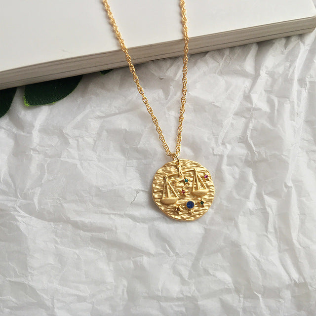 Gold Zodiac Circular Pendant Necklace With Rhinestones