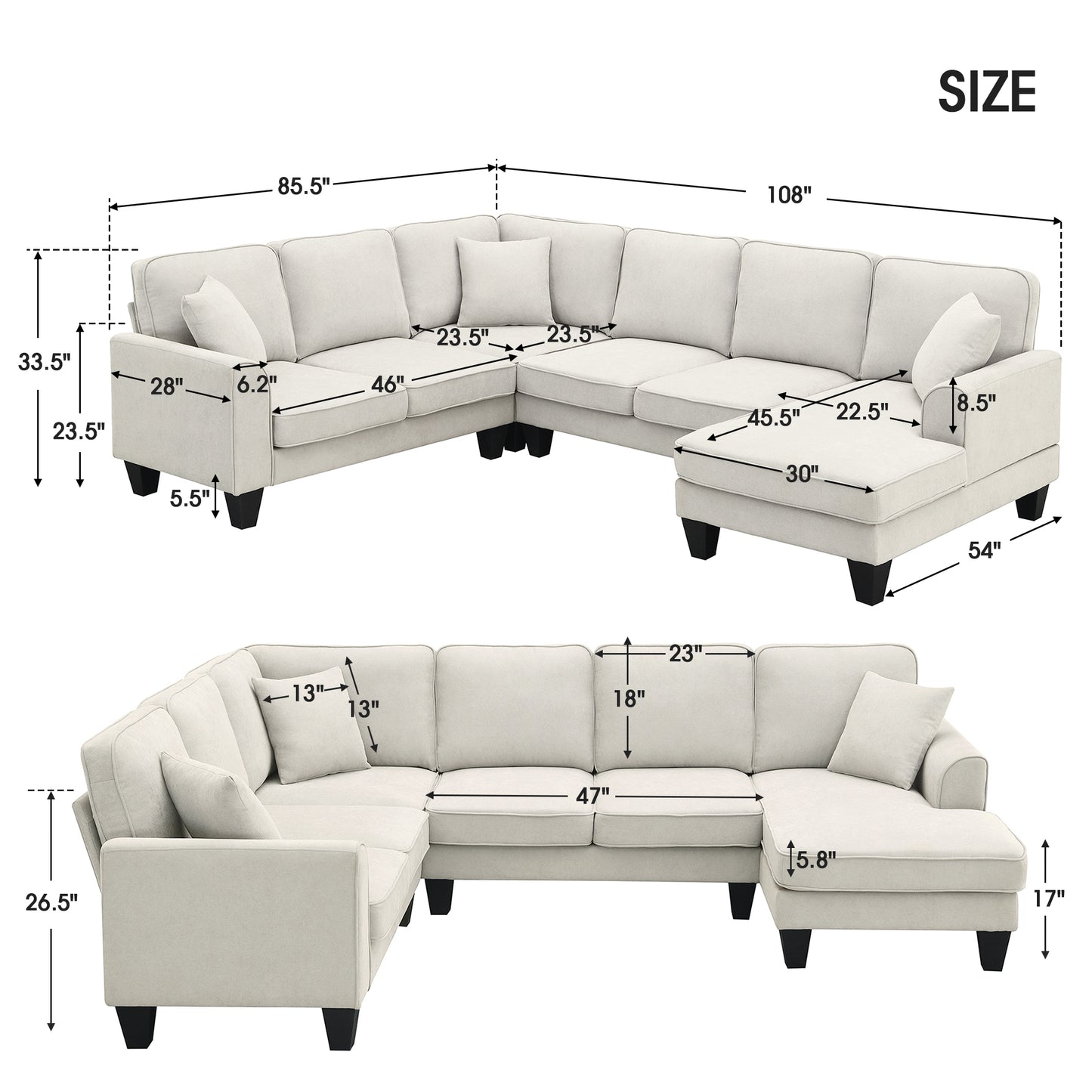 U Shape Fabric Sectional Sofa With 7 Seats