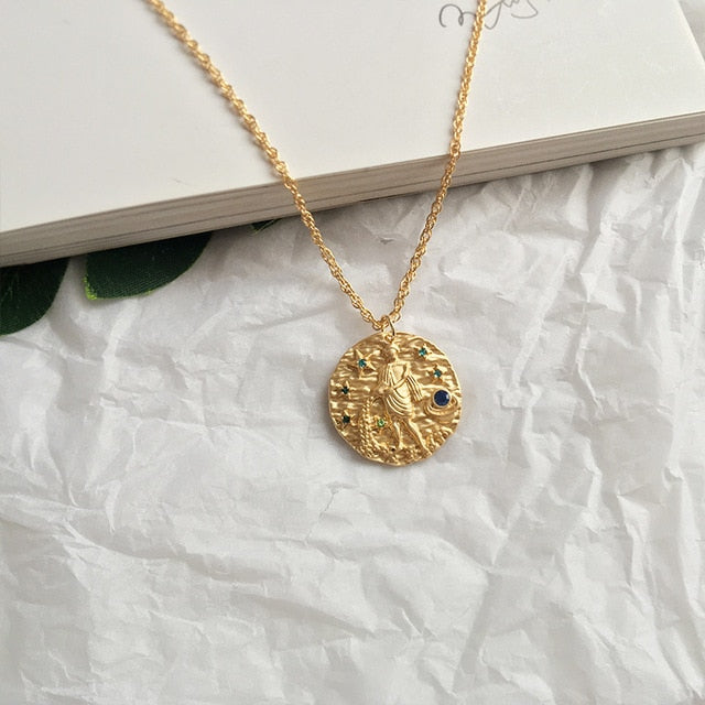 Gold Zodiac Circular Pendant Necklace With Rhinestones