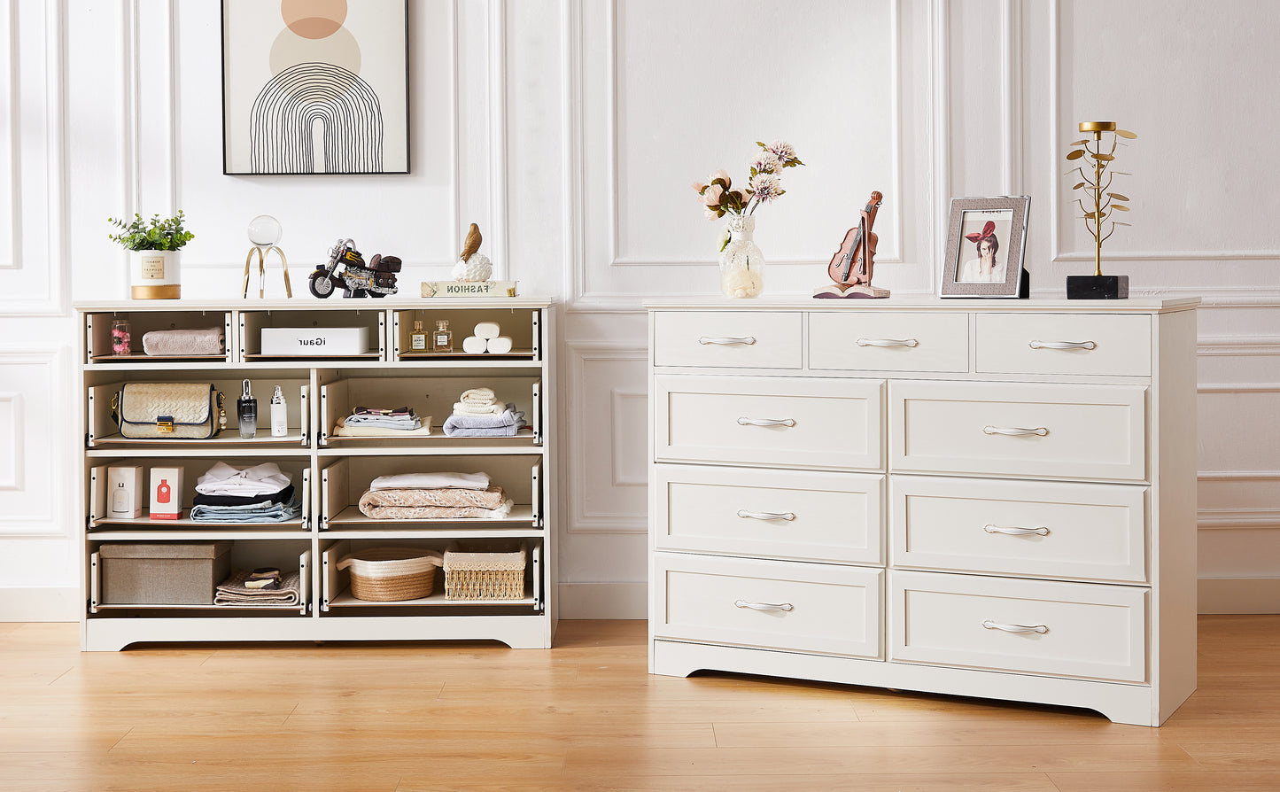 White wooden dresser with 9 drawers