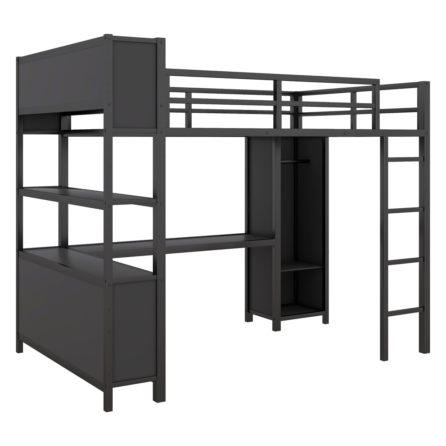 Metal full size loft bed with wardrobe and L-shaped desk