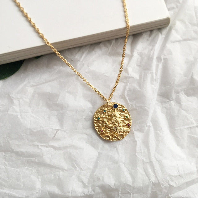 Gold Zodiac Circular Pendant Necklace With Rhinestones