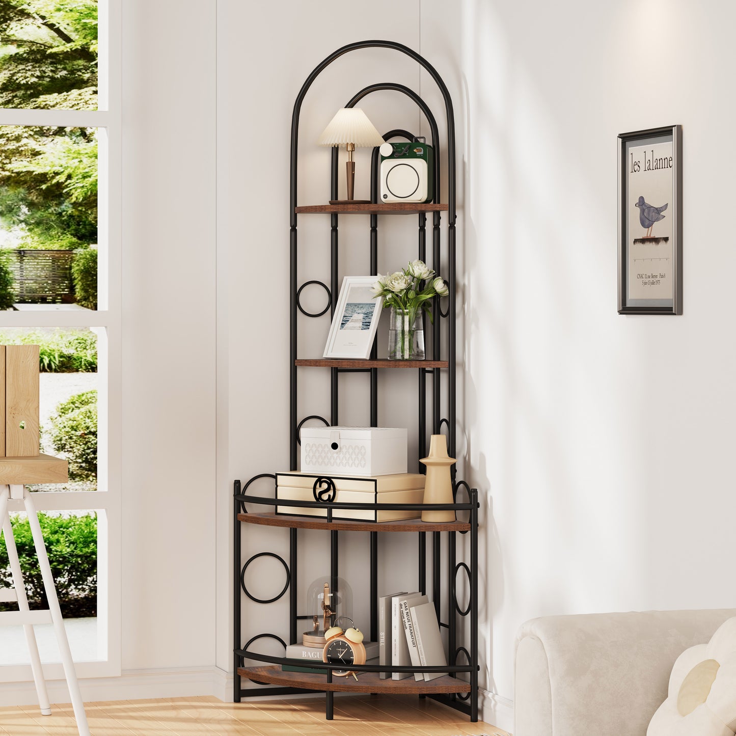 4-Tier Corner Bookshelf/Plant Stand with Metal Frame