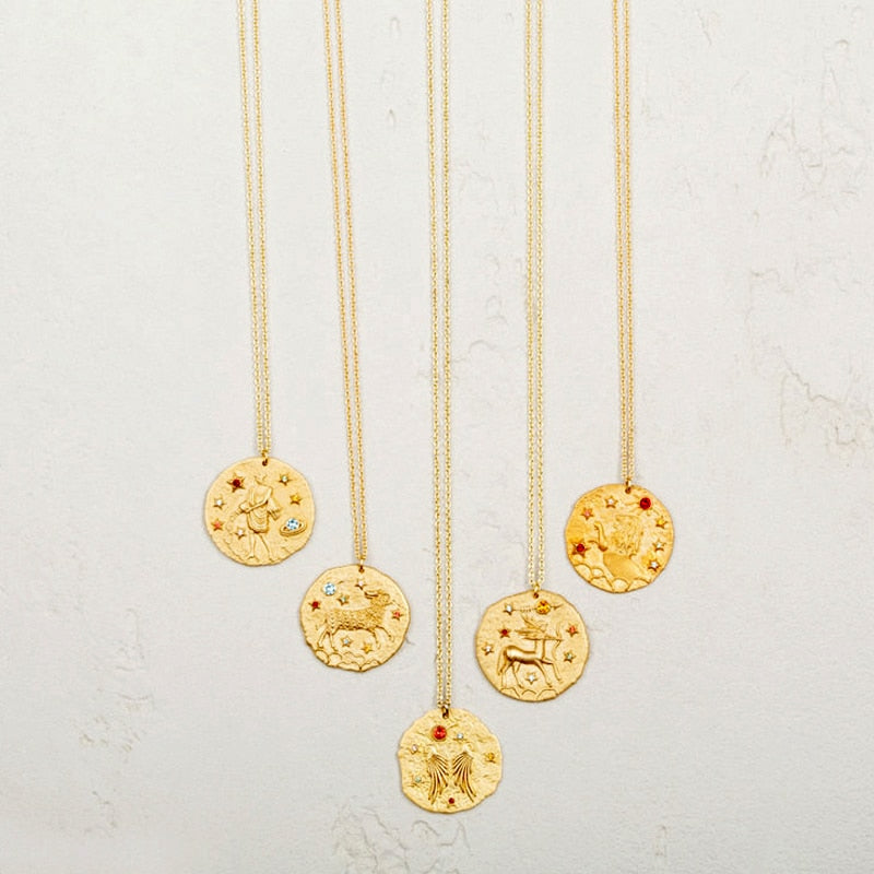 Gold Zodiac Circular Pendant Necklace With Rhinestones